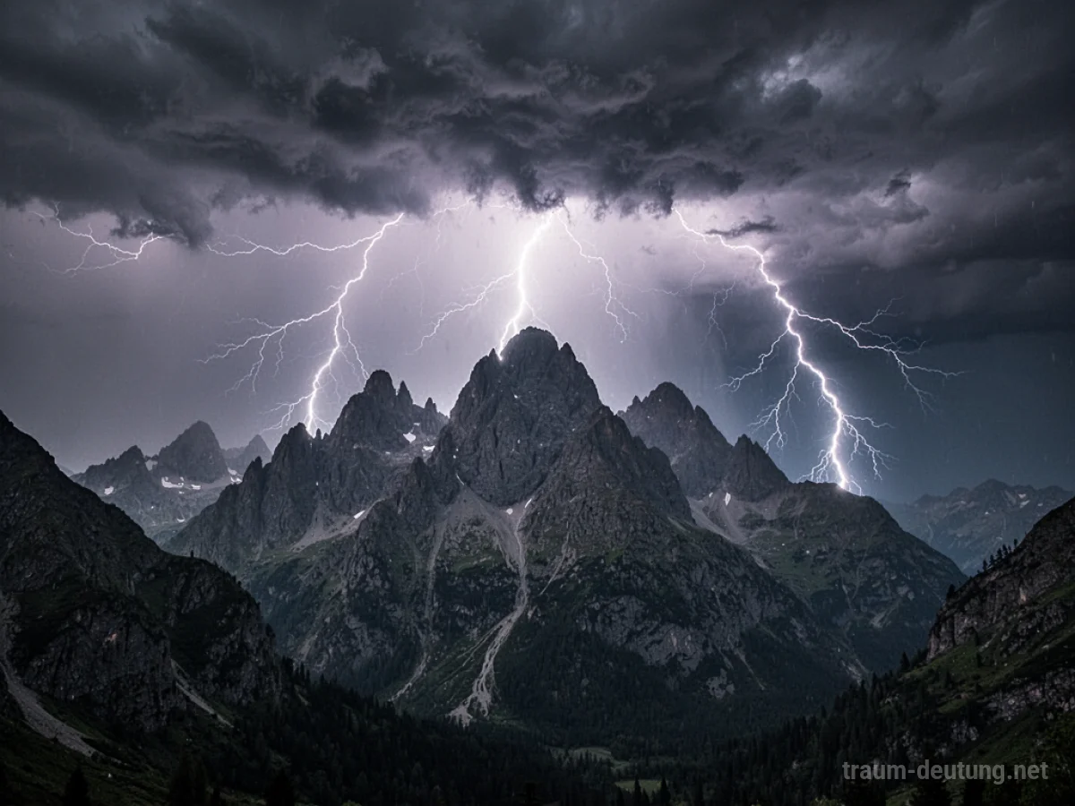 Gewitter am Himmel über hohen Bergen, Blitze erhellen die Wolken.