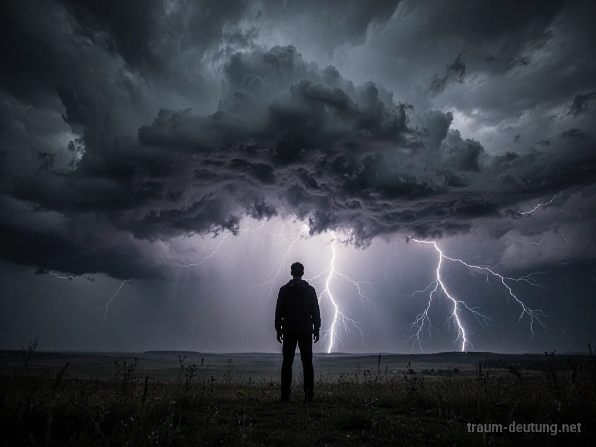 Silhouettenfigur blickt auf ein herannahendes Gewitter am Horizont.