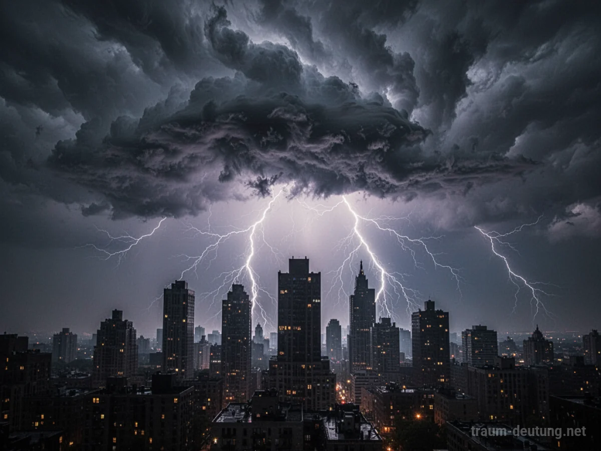 Gewitter mit Blitz über einer Stadt im Dunkeln