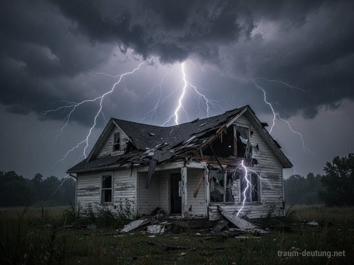 Ein Haus wird von einem Blitz getroffen, während ein Gewitter tobt.