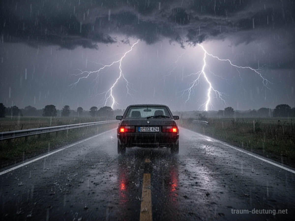 Auto fährt auf einer Straße während eines heftigen Gewitters mit Blitz und Regen.