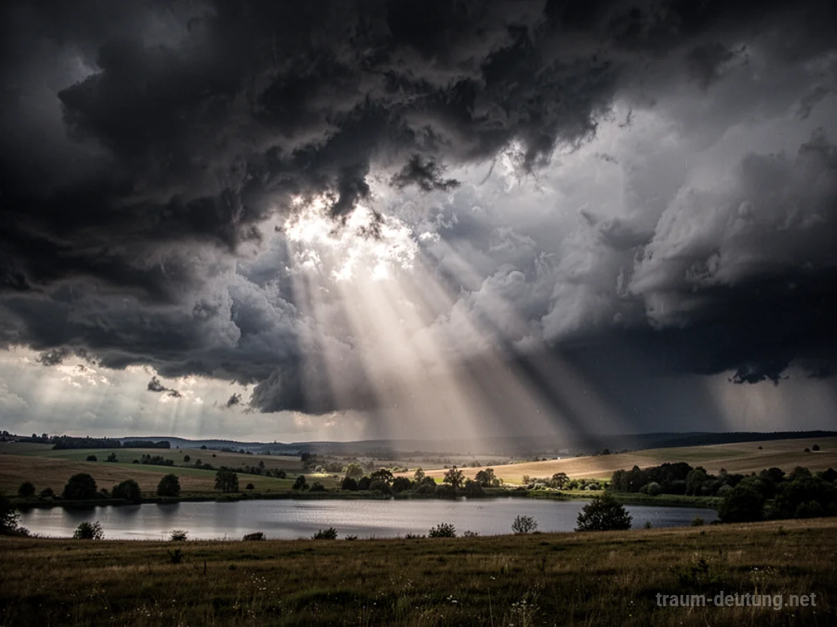 Ein Gewitterhimmel, der sich aufhellt, während die Wolken weiterziehen und Sonnenlicht auf eine ruhige Landschaft fällt.