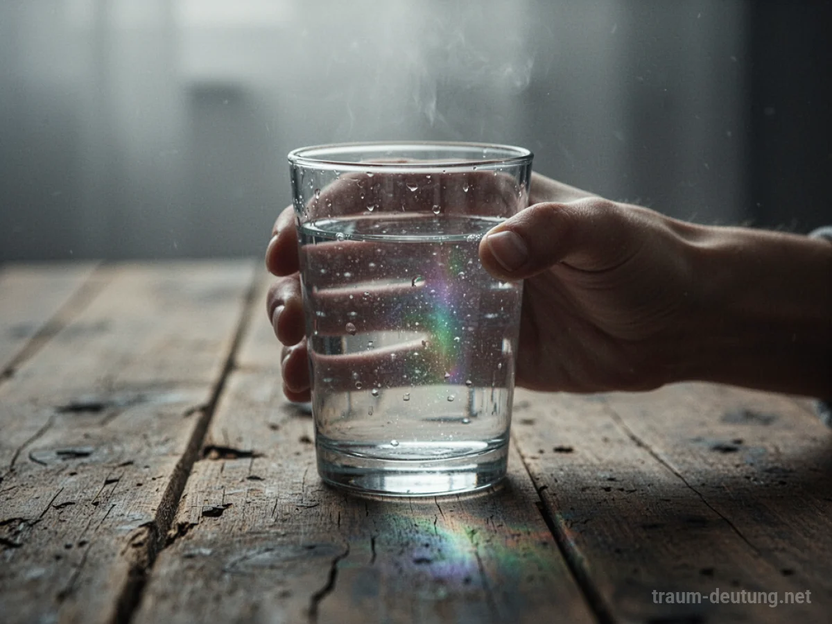Hand hält Glas mit leicht gefärbtem Wasser auf Holztisch