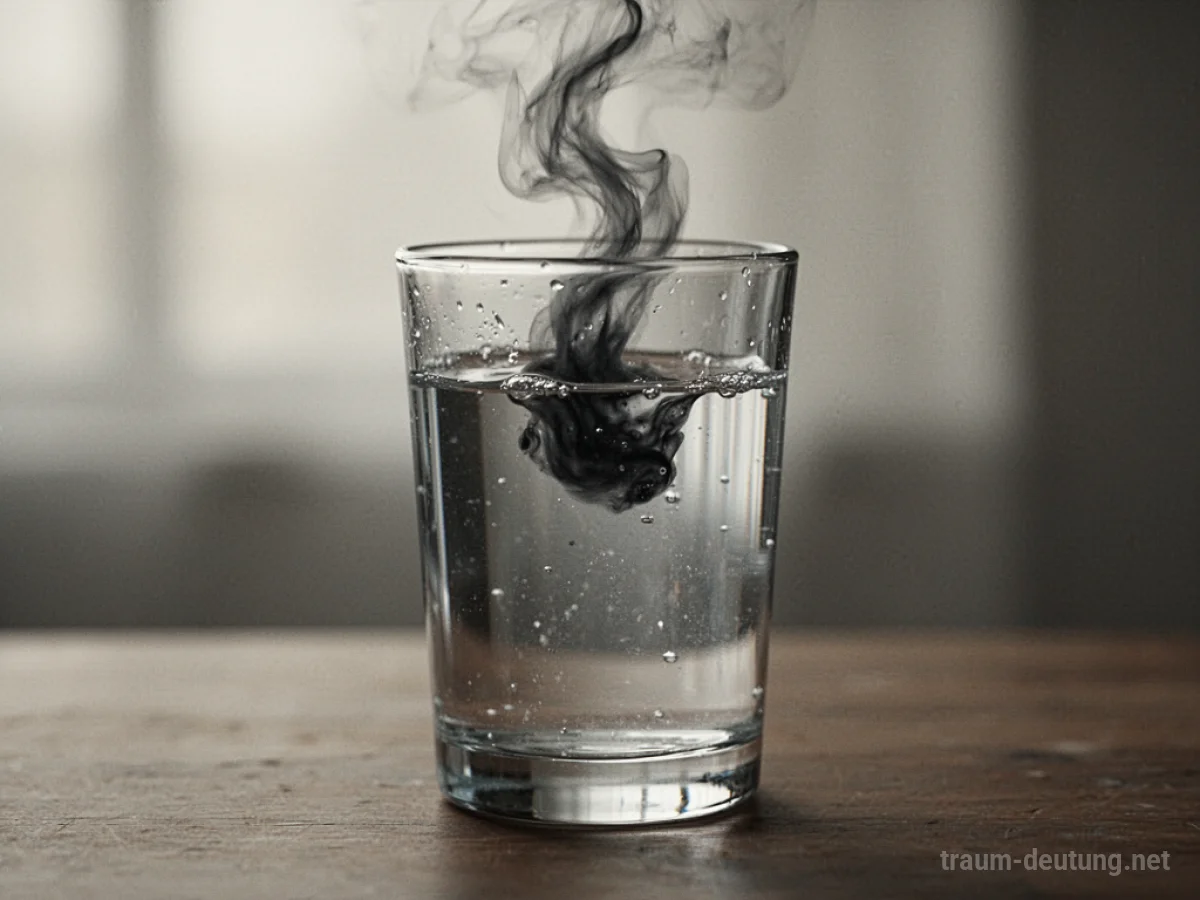 Ein Glas mit einer Flüssigkeit, in die ein dunkler Schatten fällt.
