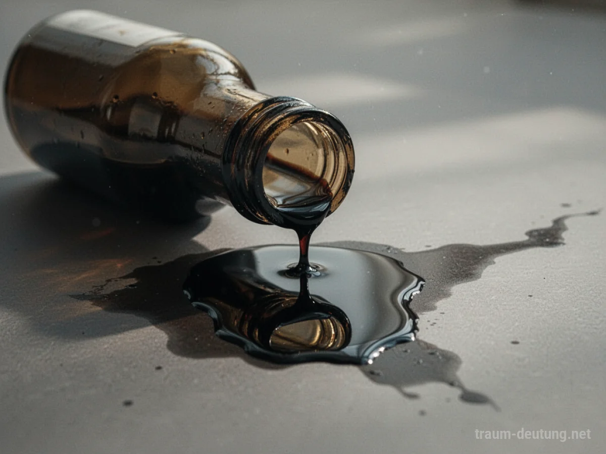Dunkle Flüssigkeit tropft aus einer umgekippten Flasche auf einen Tisch.