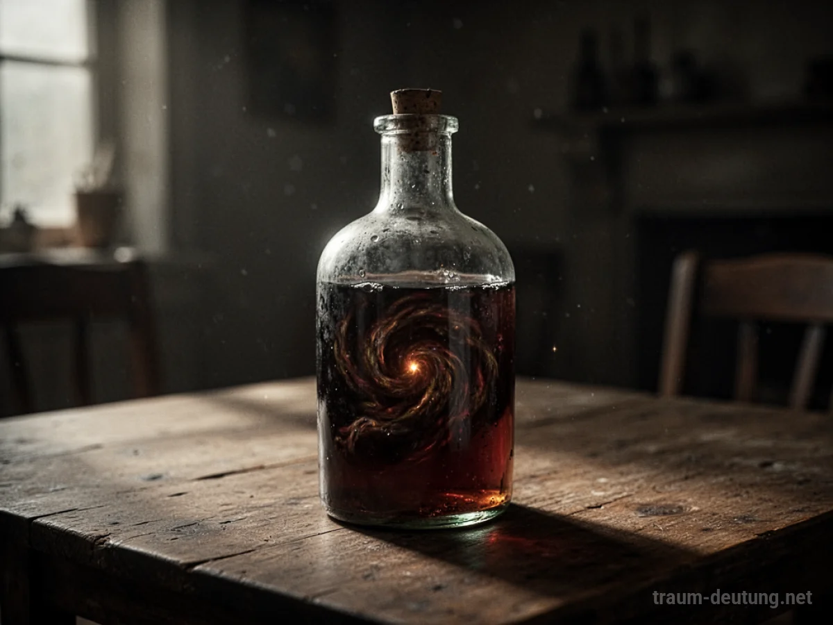 Eine alte Glasflasche mit dunkler Flüssigkeit in einem schwach beleuchteten Raum.