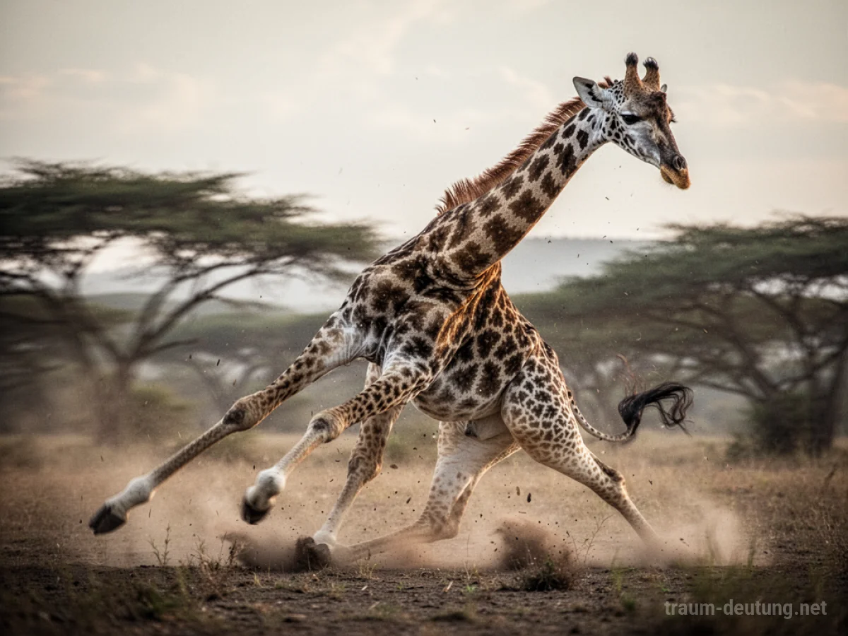 Giraffe im Begriff umzufallen, umgeben von einem unscharfen Hintergrund.