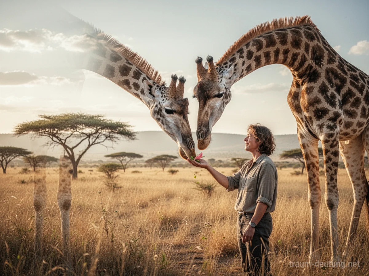 Eine Person füttert eine Giraffe von Hand in einer Savanne.