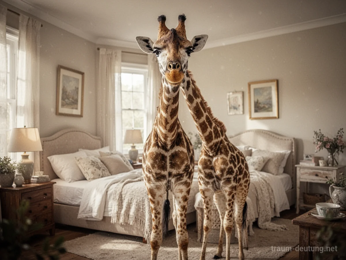 Giraffe steht in einem gemütlichen Schlafzimmer und blickt neugierig.