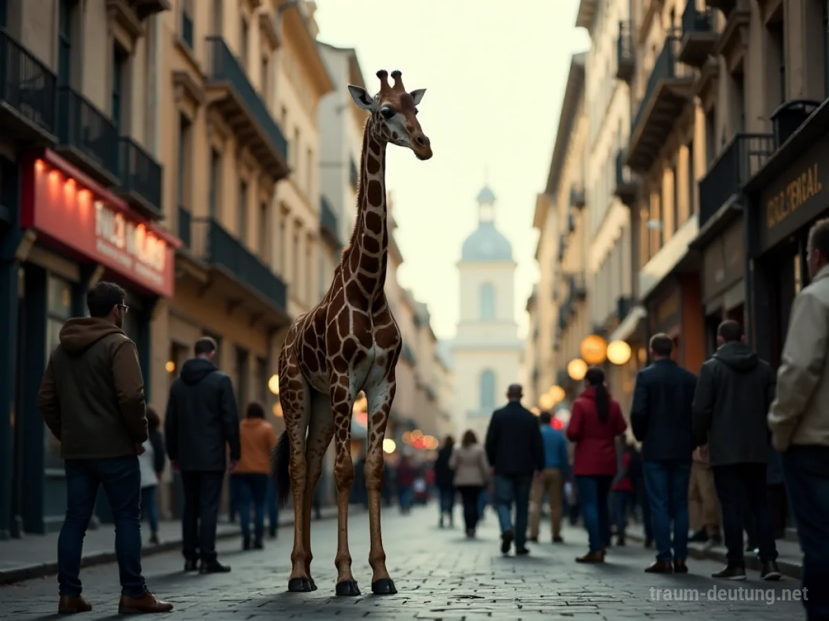 Giraffe steht auf einer belebten Stadtstraße und blickt auf die Menschen herab.