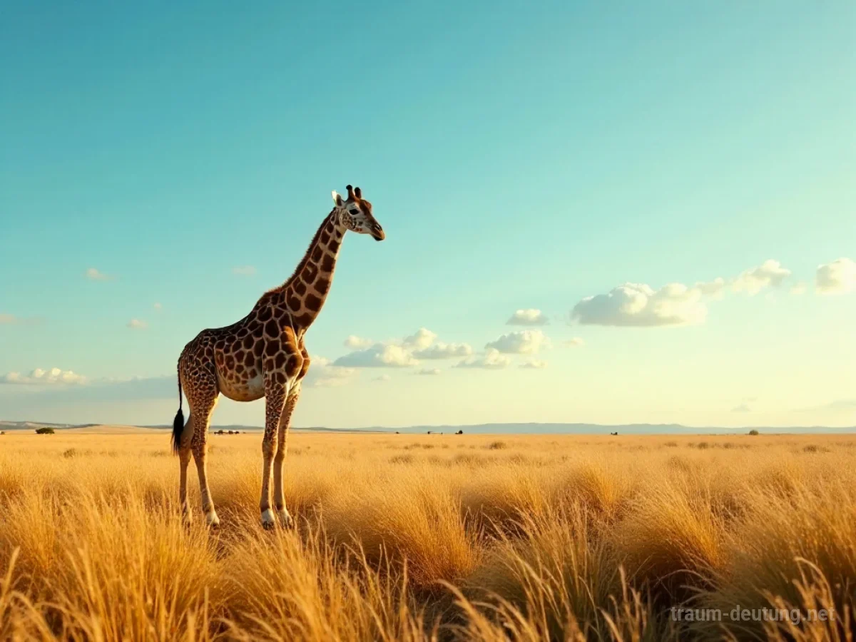 Eine Giraffe steht in der weiten Savanne unter blauem Himmel.