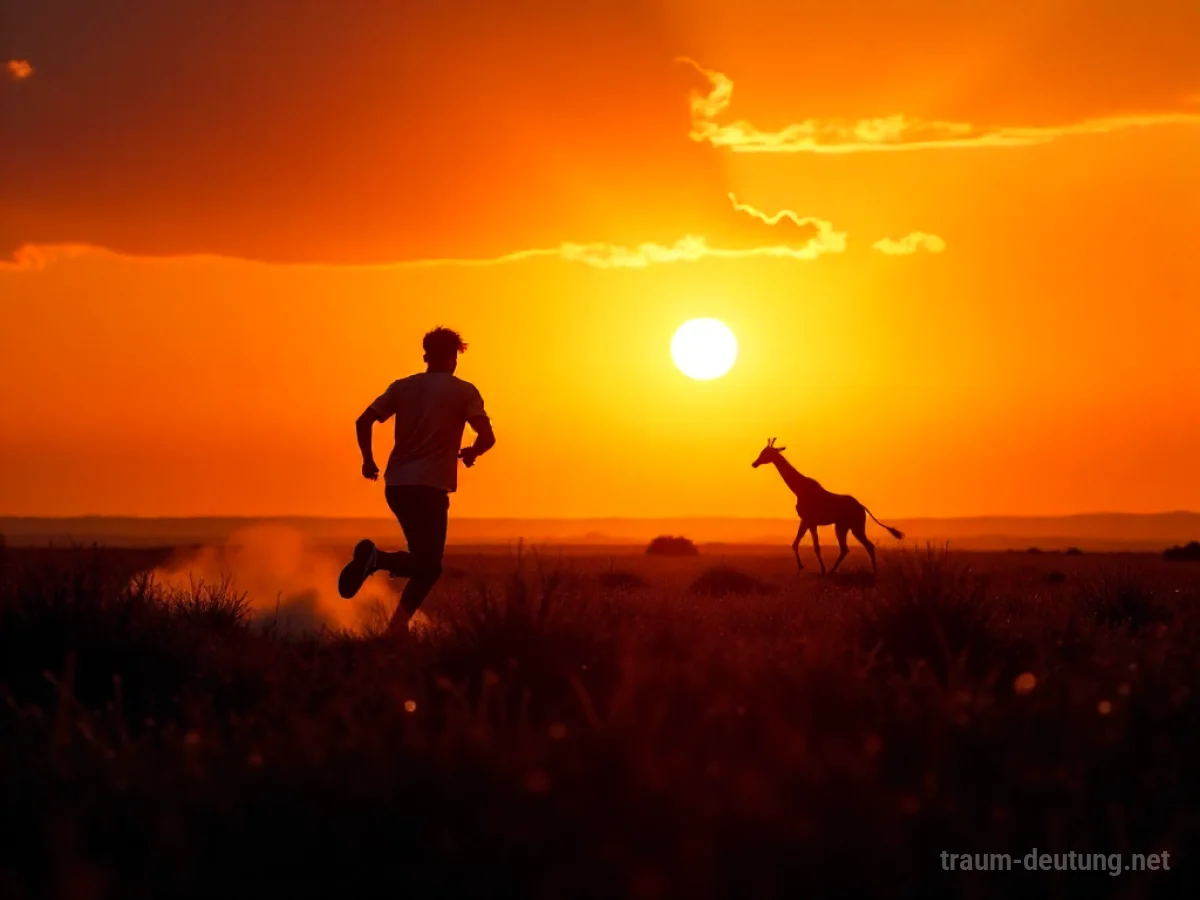 Eine Silhouette einer Person, die im Sonnenuntergang eine Giraffe verfolgt
