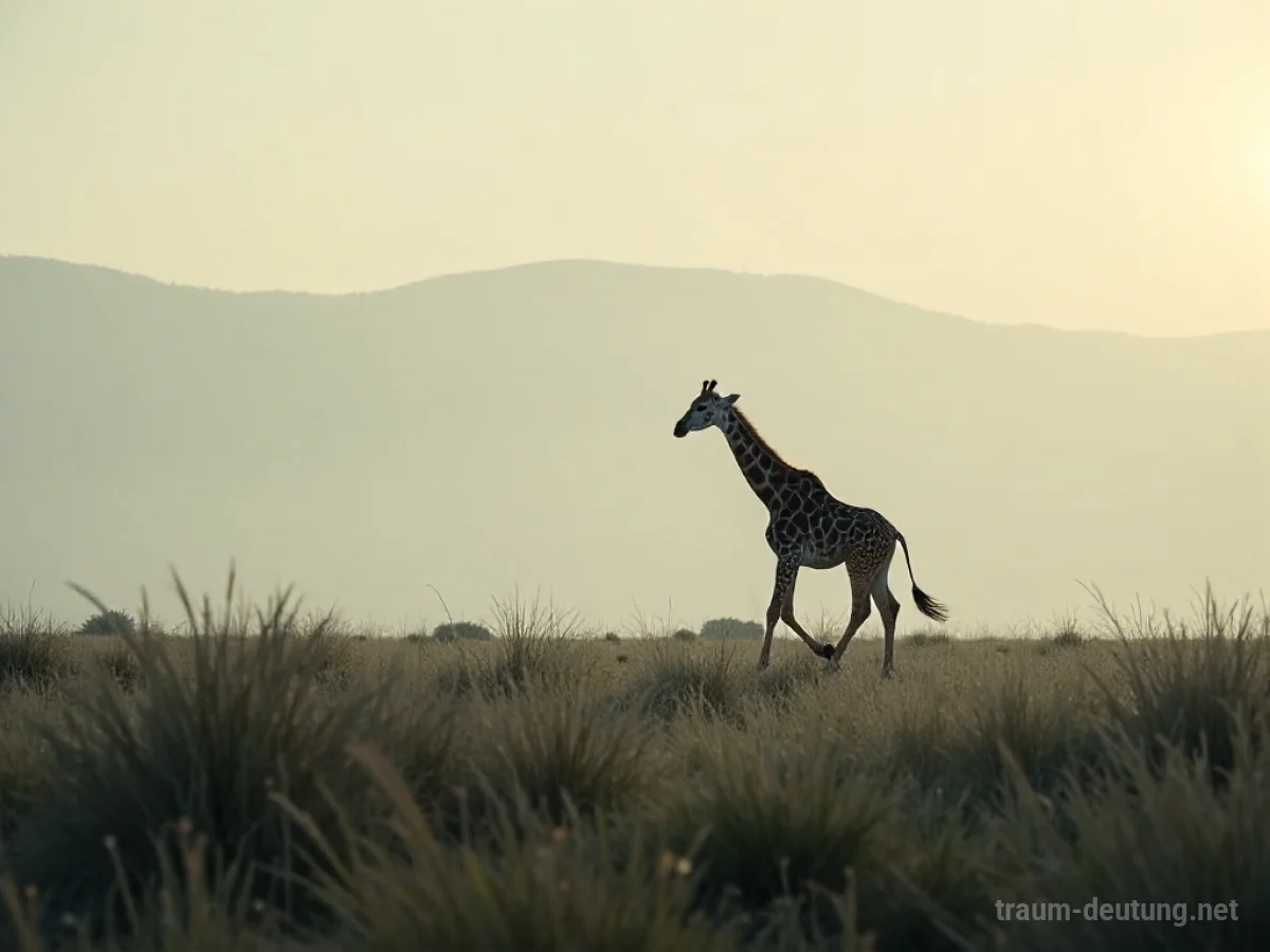 Eine Giraffe rennt in eine neblige Landschaft davon.