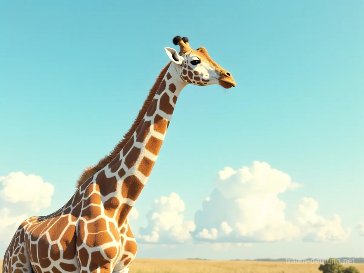 Eine Giraffe mit extrem langem Hals blickt in den Himmel über einer Landschaft.