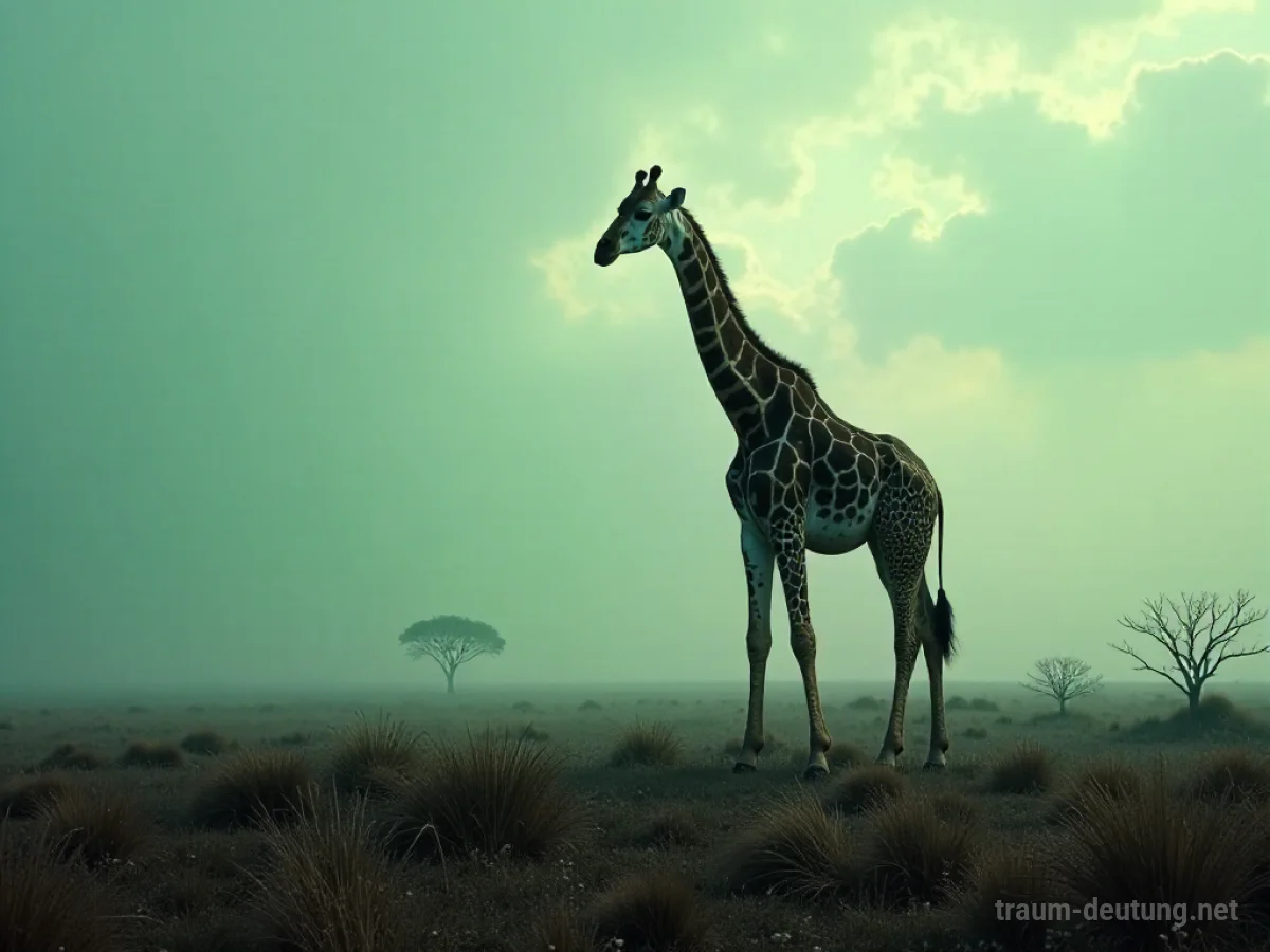 Eine Giraffe ohne Hals steht in einer surrealen Landschaft.