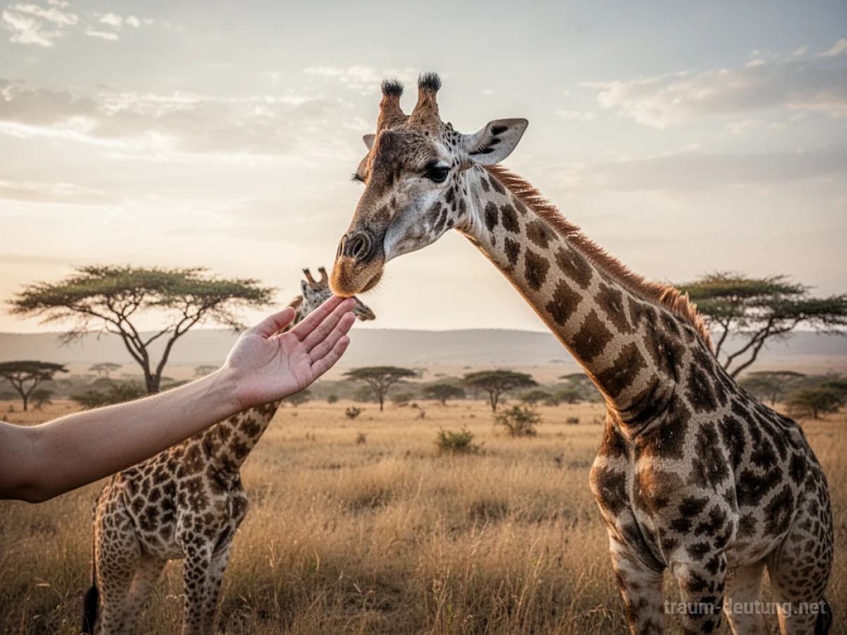 Hand streichelt den Hals einer Giraffe in der Savanne