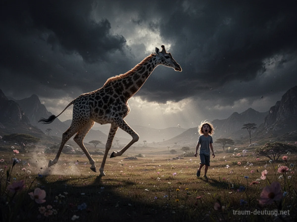 Silhouette einer Giraffe, die auf eine kleine menschliche Figur zuläuft