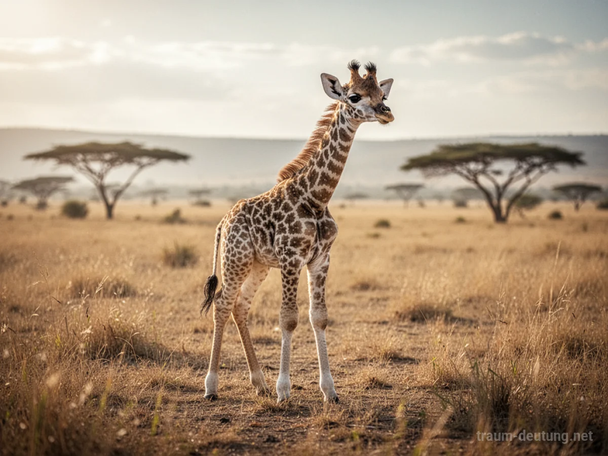 Ein kleines Giraffenbaby steht unsicher auf langen Beinen in einer sonnigen Savanne.