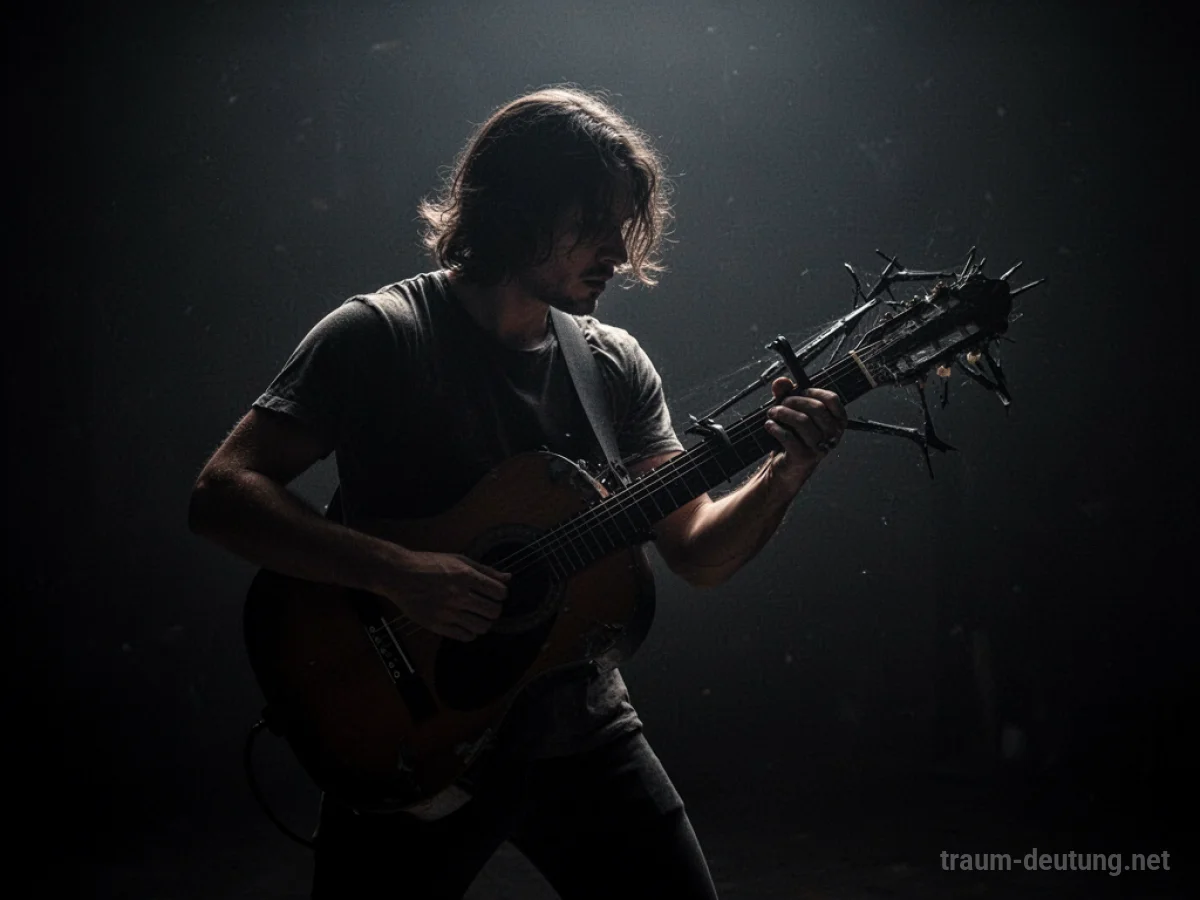 Silhouette einer Person, die eine Gitarre wie eine Waffe hält