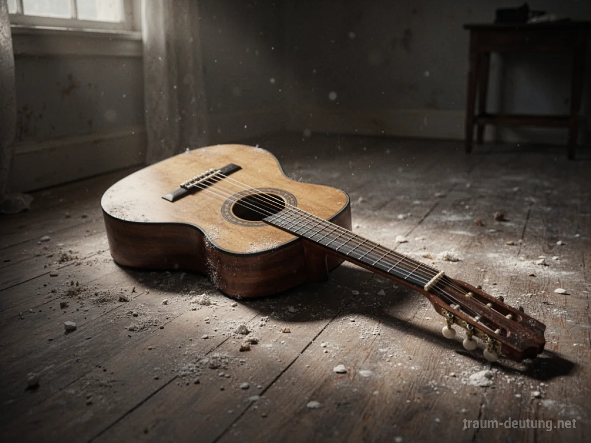 Eine Gitarre ohne Saiten liegt auf einem Holzboden.