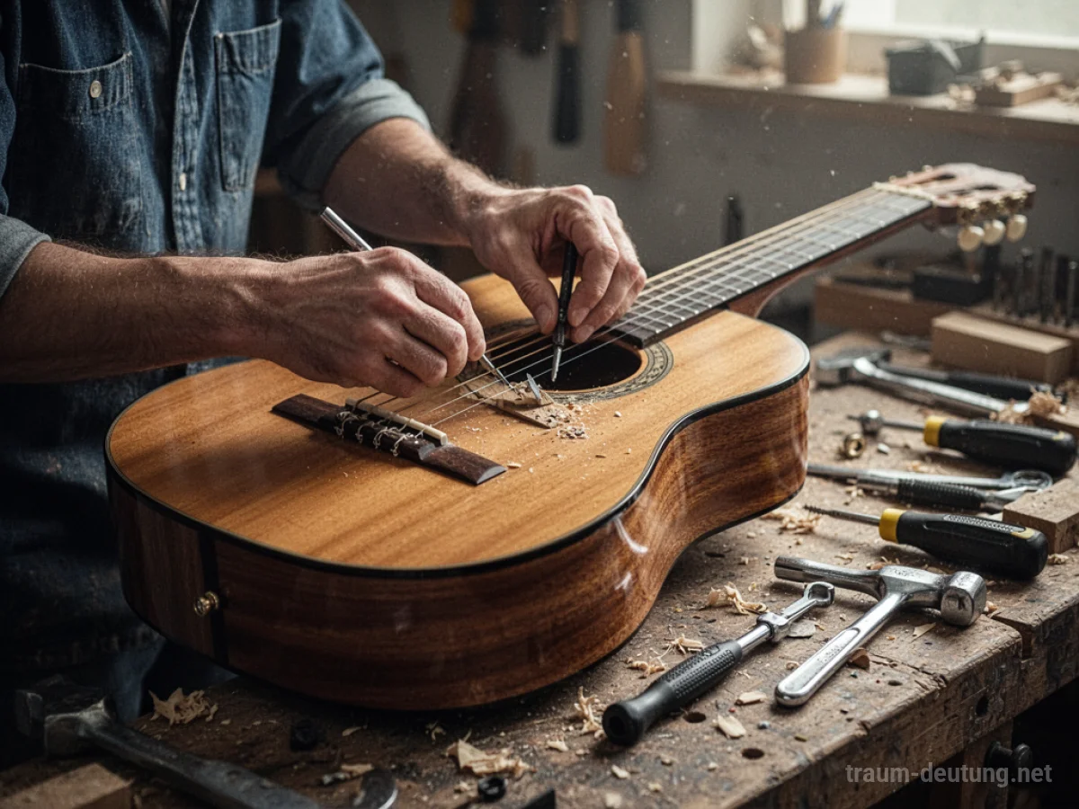Hände reparieren eine Akustikgitarre mit Werkzeugen.