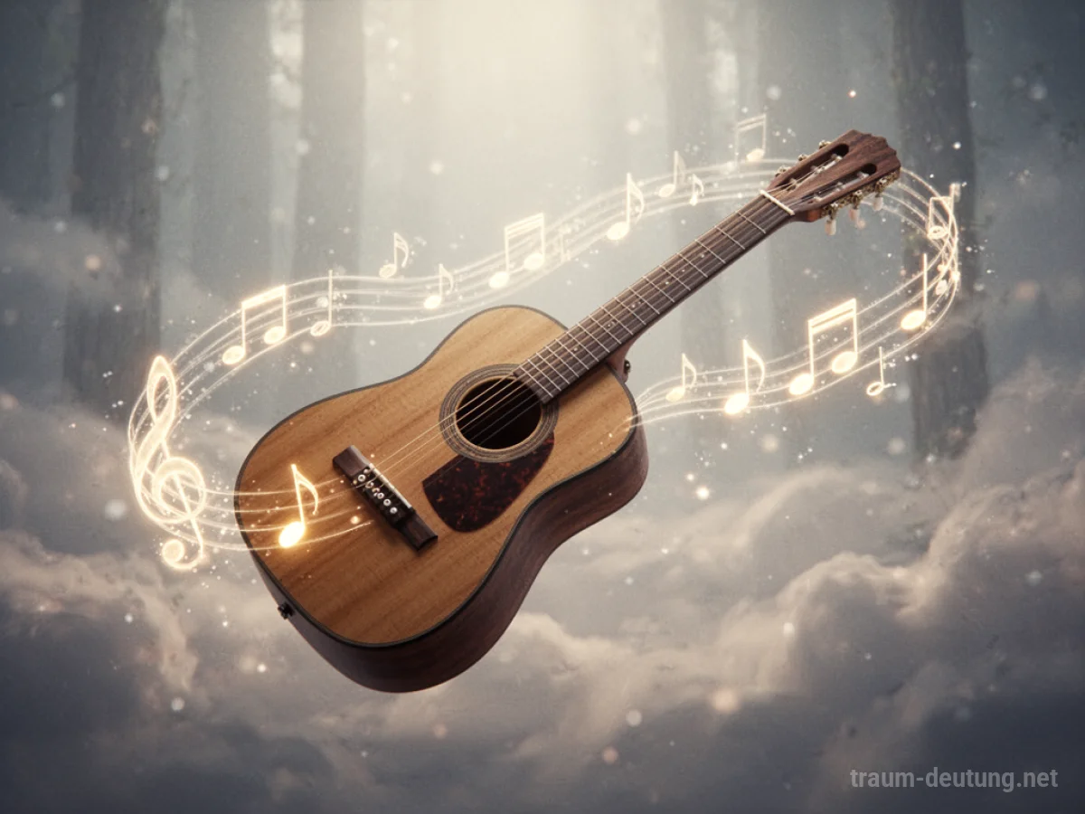 Eine schwebende Akustikgitarre, aus der leuchtende Noten hervorgehen.