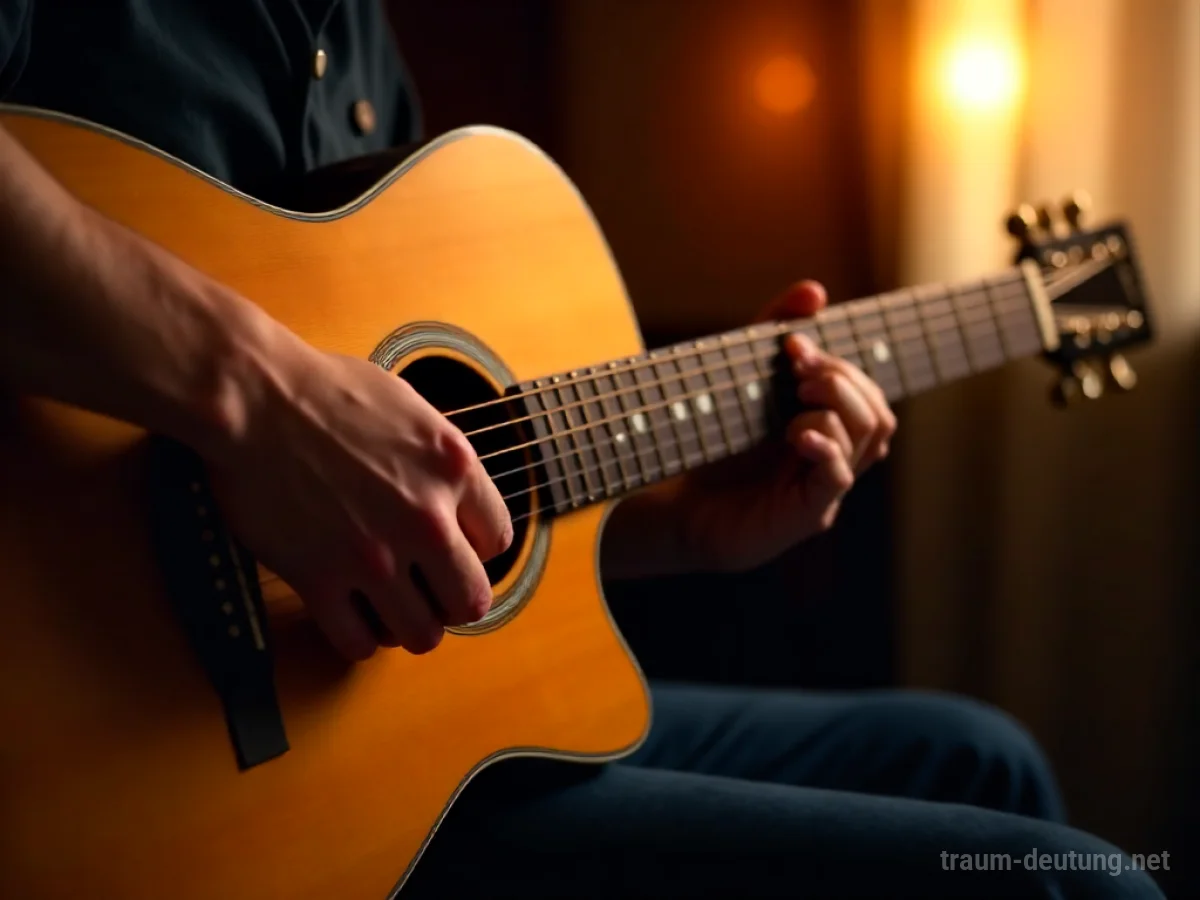 Hände spielen eine Gitarre in einem gemütlichen Raum