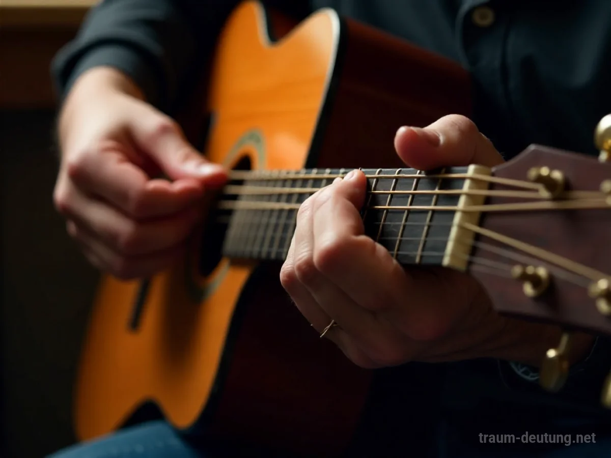 Hände stimmen eine Gitarre mit Fokus auf die Saiten und Mechaniken.