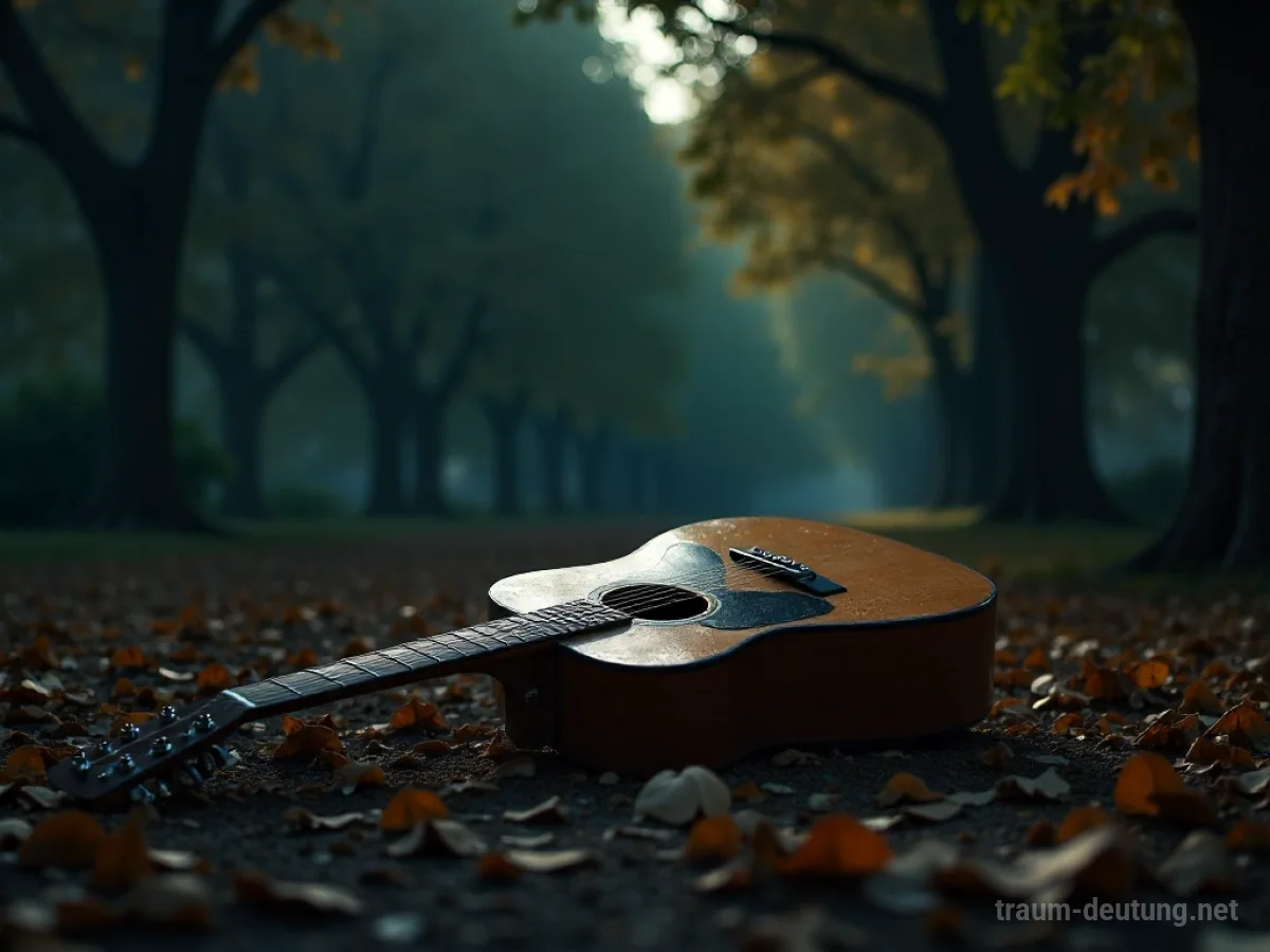Eine einzelne Gitarre liegt auf dem Boden in einem verlassenen Park.