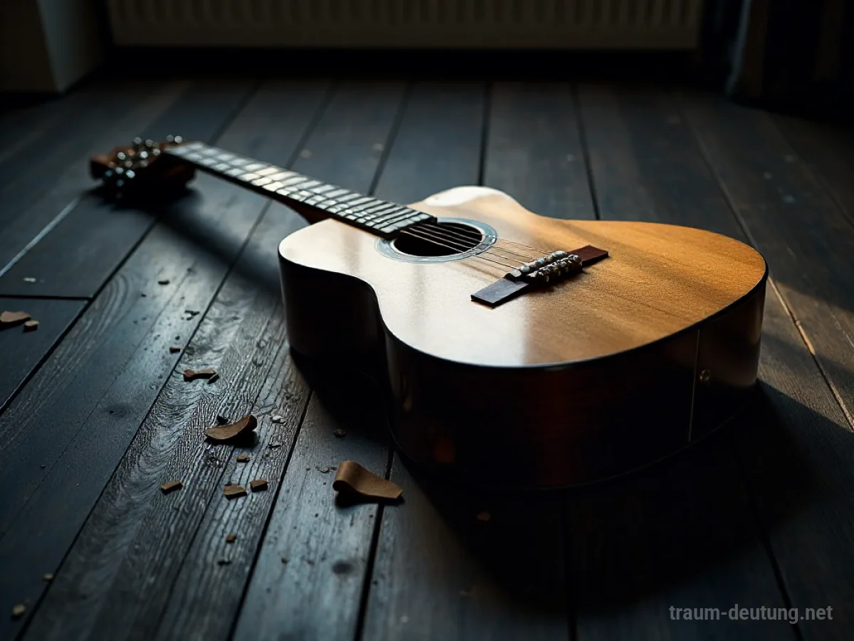 Zerbrochene Gitarre liegt auf einem Holzboden.