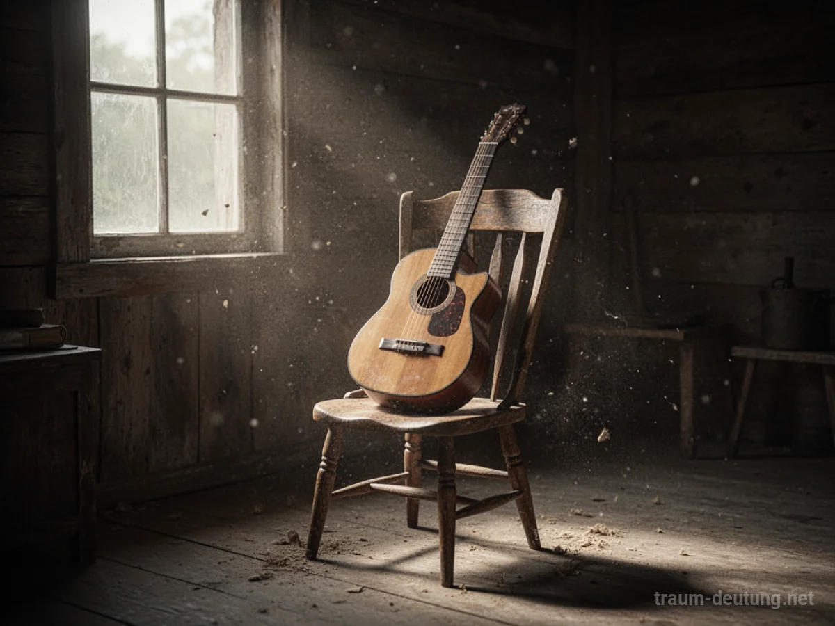 Akustikgitarre steht in einem spärlich beleuchteten Raum, sanftes Licht fällt auf das Instrument.