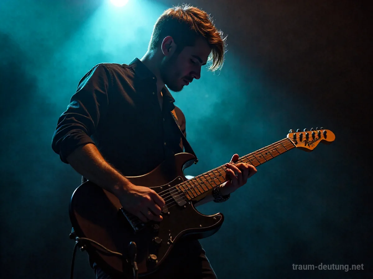 Person spielt ein elektrisches Gitarrensolo unter einem Scheinwerfer auf einer Bühne.