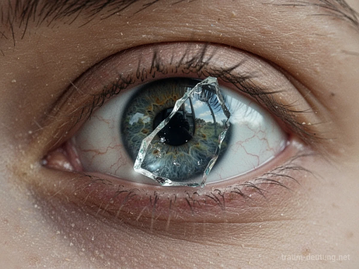 Nahaufnahme eines Auges mit einem Glassplitter im Iris, der die Sicht verzerrt.
