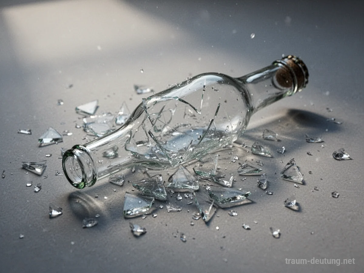 Zerbrochene Glasflasche mit vielen kleinen Scherben auf hellem Untergrund.