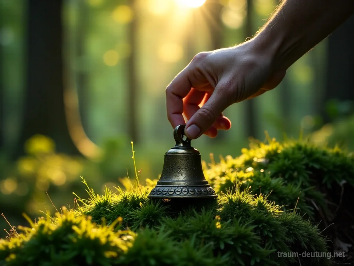 Eine Hand greift nach einer alten Glocke im Wald