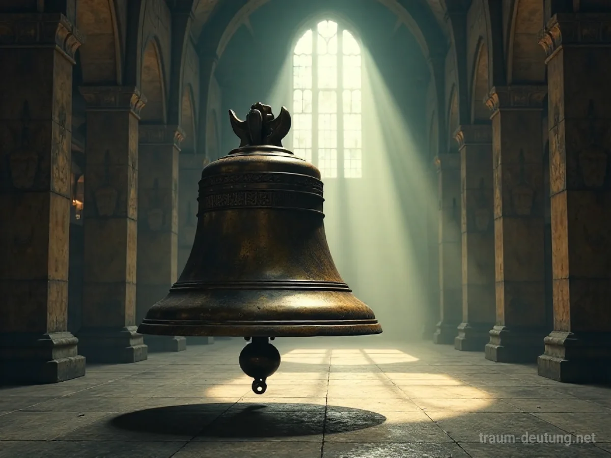 Eine bronzene Glocke ohne Klöppel in einer leeren Halle