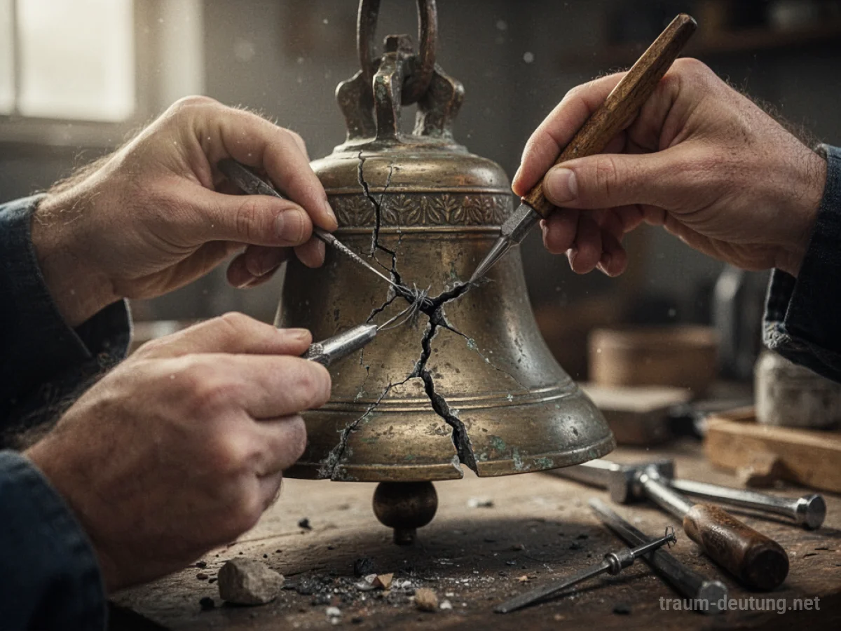 Hände reparieren eine alte Glocke