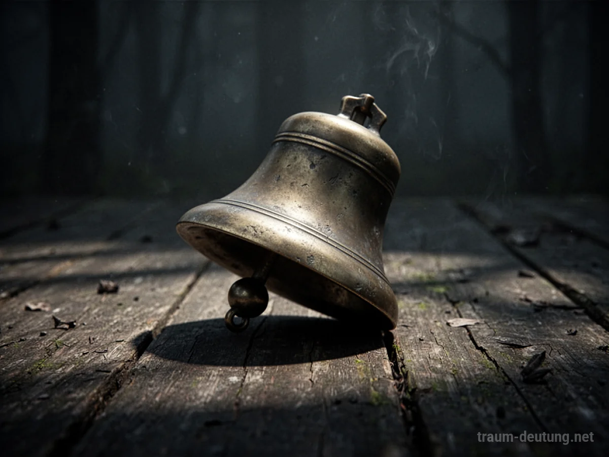 Eine einzelne Glocke steht auf einem dunklen Holztisch, Schatten fallen um sie herum.