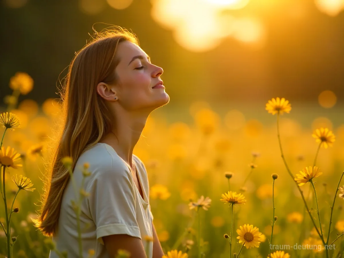 Eine Person sitzt friedlich in einer sonnigen Wiese und lächelt sanft.