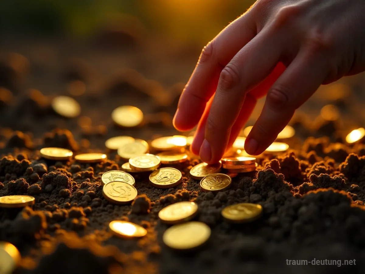 Hand greift nach glitzernden Goldstücken auf dunkler Erde