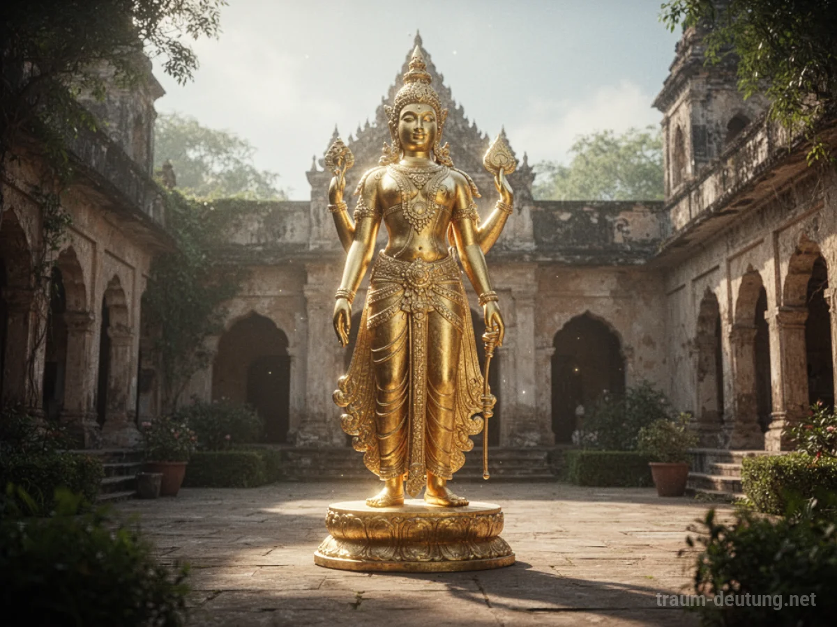 Eine glänzende goldene Statue steht in einem sonnenbeschienenen Hof.