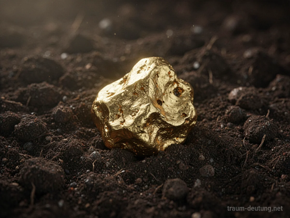 Ein einzelner, glänzender Goldnugget liegt auf dunkler Erde.