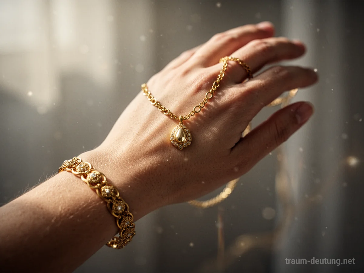 Eine Hand mit goldenem Schmuck, der im Licht glänzt.