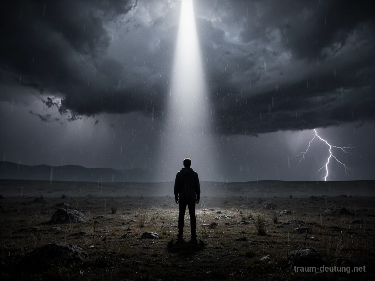 Silhouette einer Person unter einem Lichtstrahl im Sturm