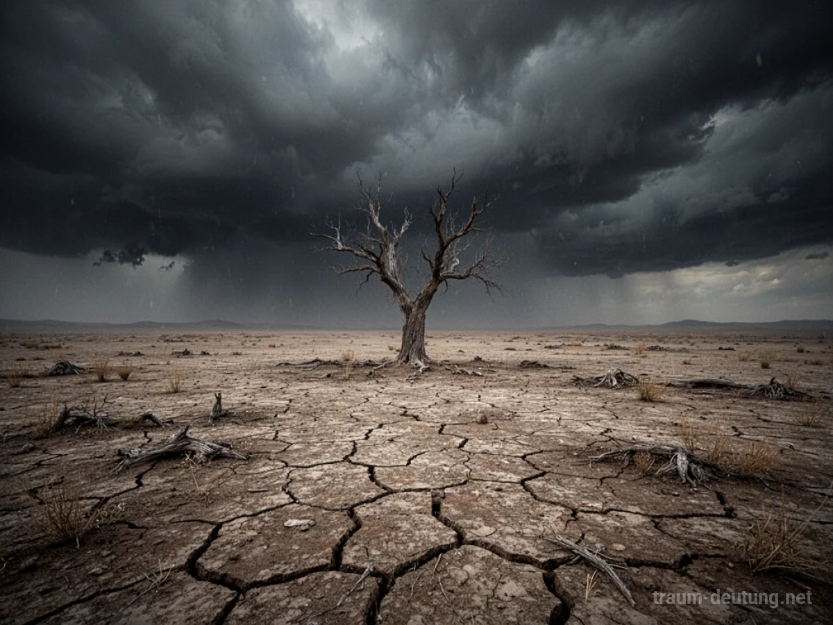Verwüstete Landschaft unter dunklem Himmel, ein einsamer Baum.