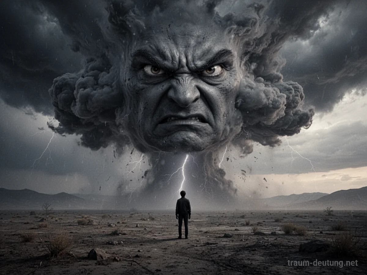 Zornige Wolkenformation mit einem Gesicht über einer einsamen Figur
