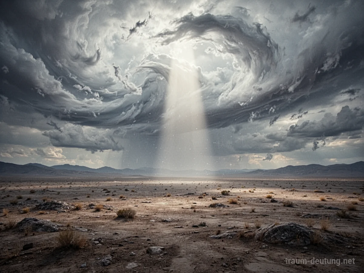 Dramatische Wolken am Himmel über einer zerstörten Landschaft.