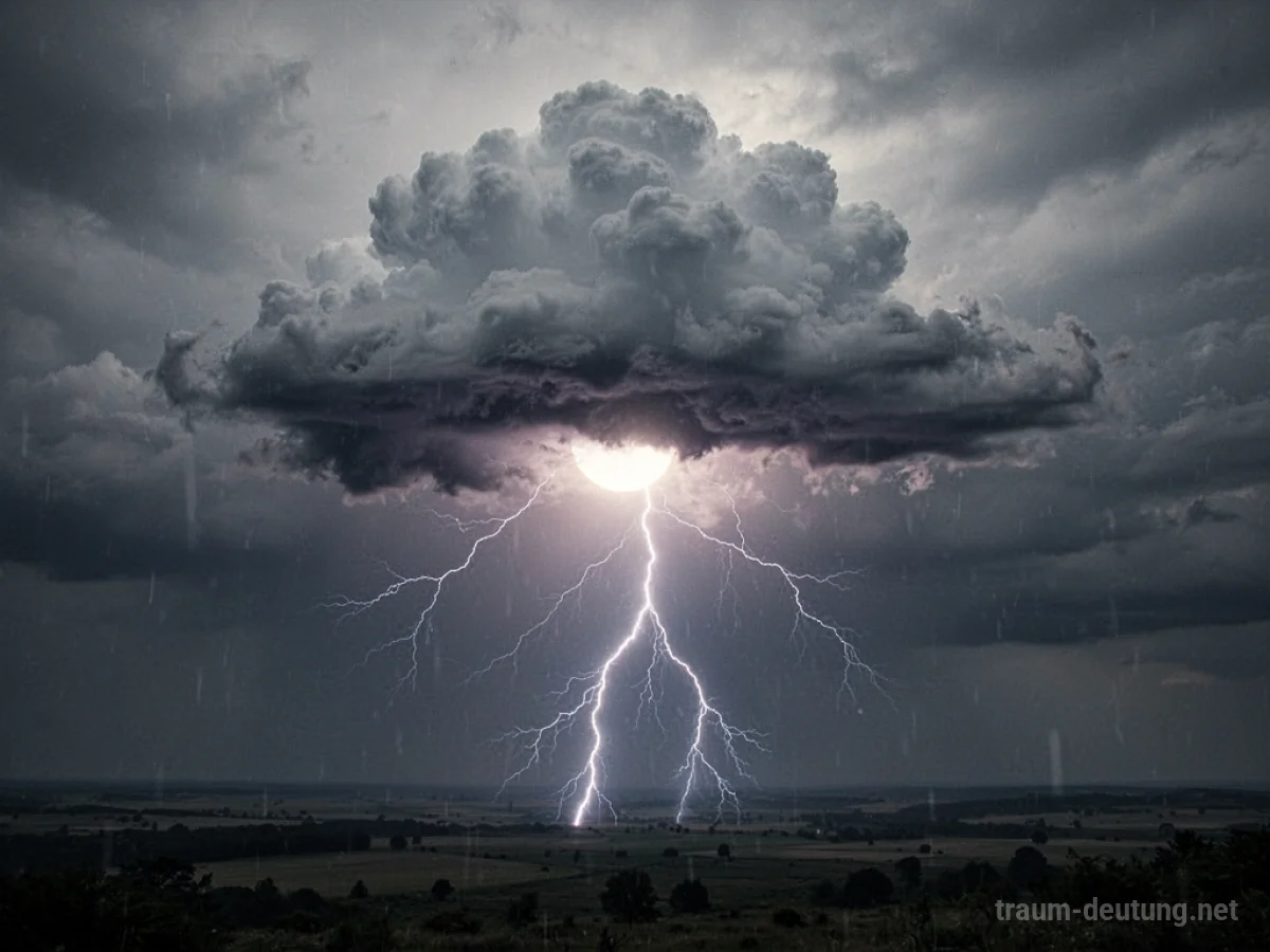 Dunkle Wolke mit Blitz über einer symbolischen Landschaft