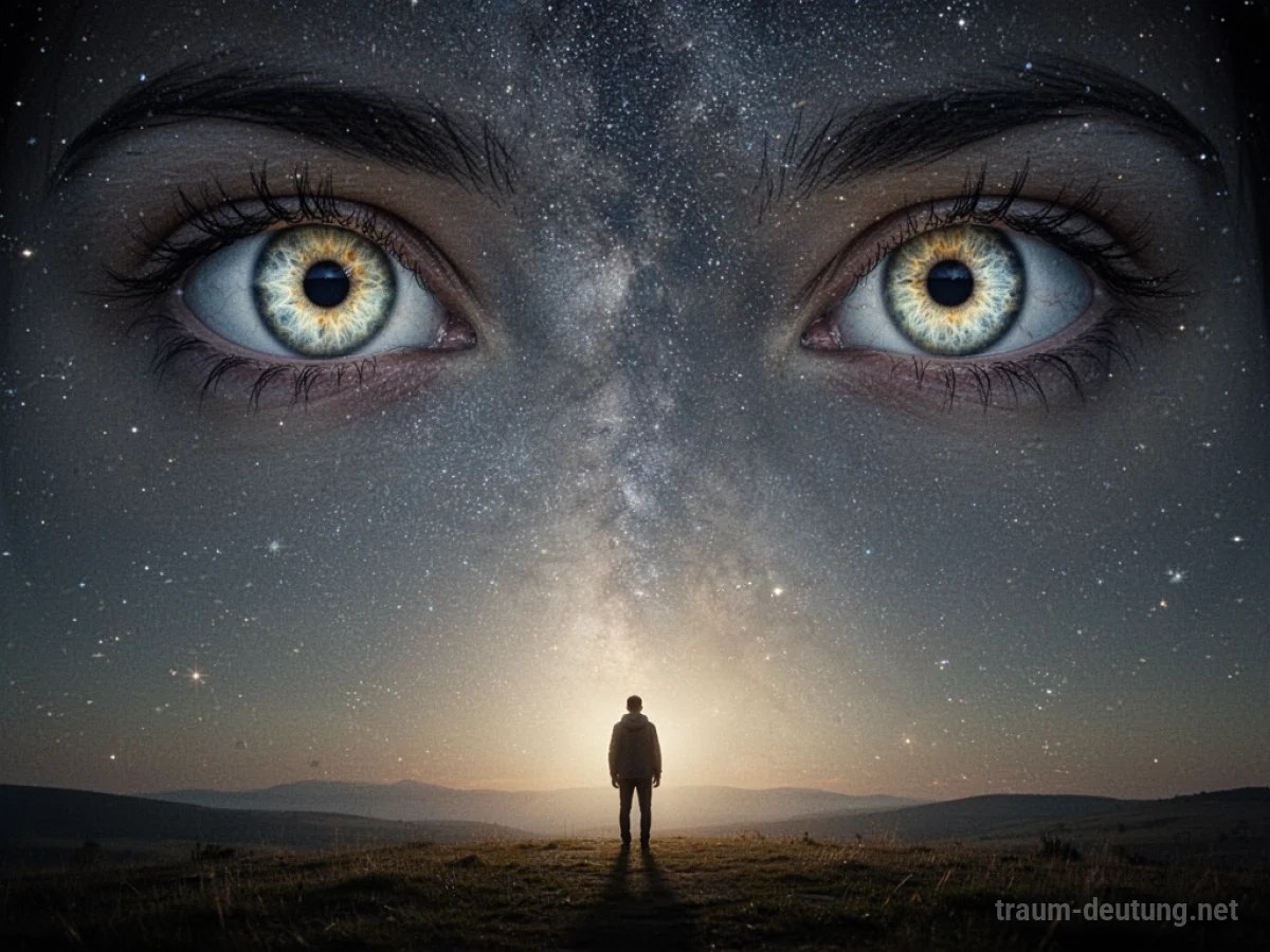 Große, leuchtende Augen blicken von einem sternenklaren Himmel auf eine einsame Figur herab.