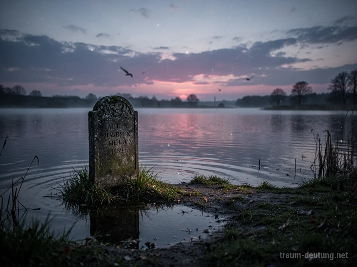 Ein Grabstein am Ufer von stillem, dunklem Wasser.